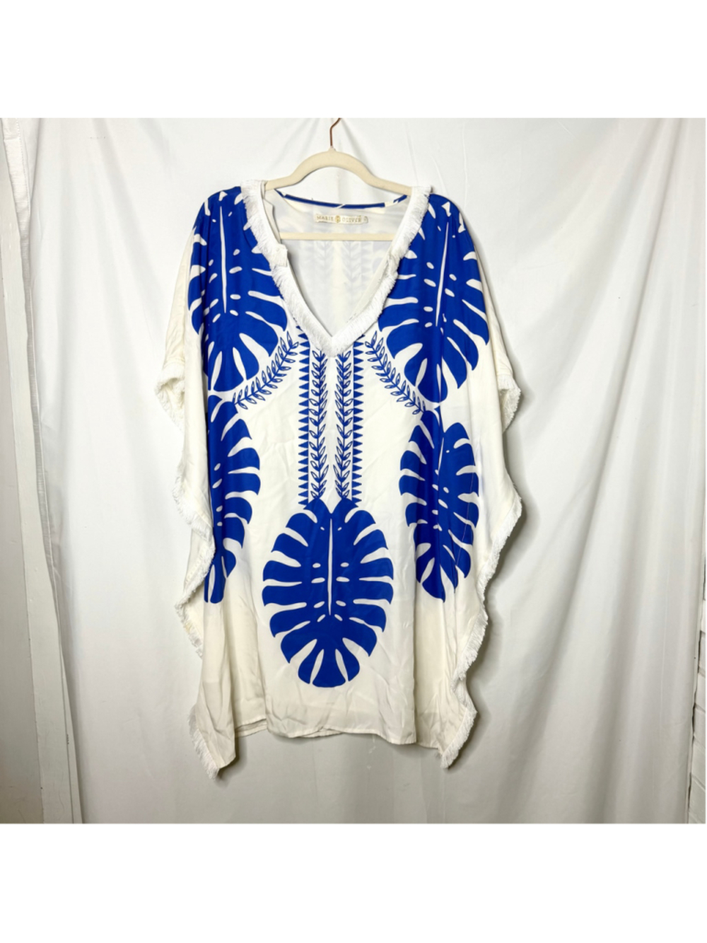 Marie Oliver Swim 100% Silk Caftan Large White Tropical Blue Leaf Print XL - Picture 2 of 7